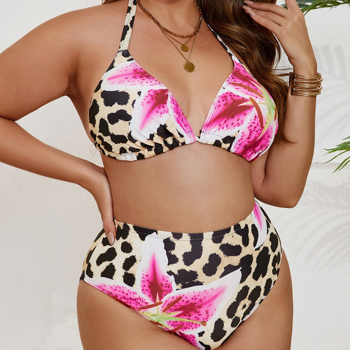 Damen Hochgeschnittener Bikini mit Blumen- und Tierdruck R&B