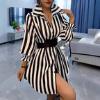 Damen Hemdblusenkleid mit markantem Streifenmuster und weitem Kragen R&B