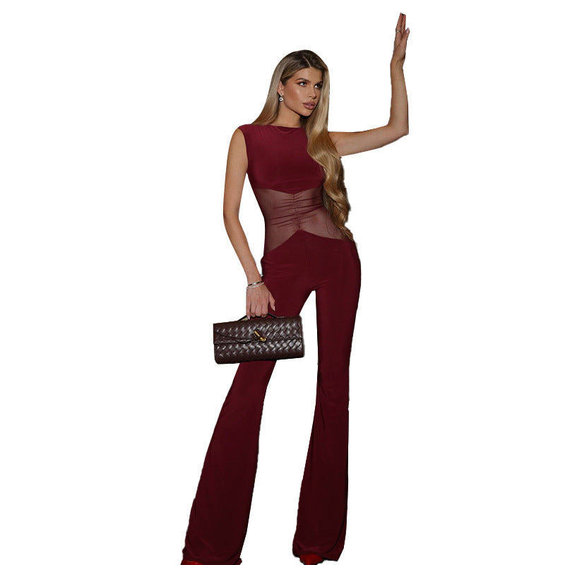 Damen Eleganter Jumpsuit mit transparenten Einsätzen und weitem Bein R&B