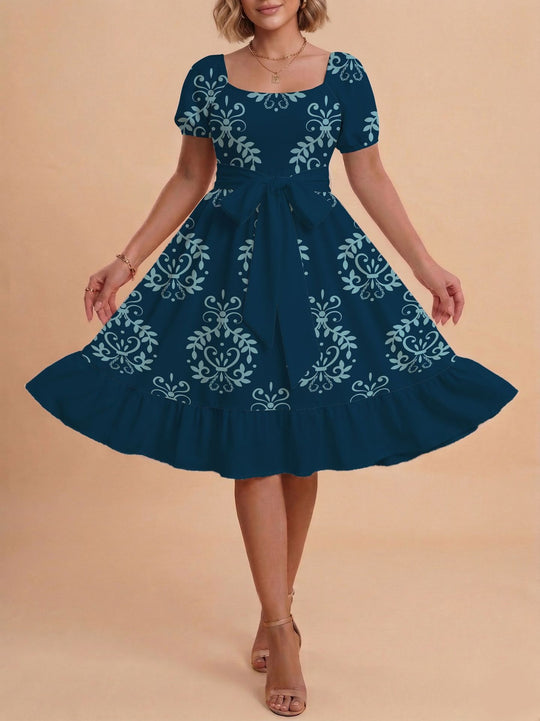Damen Retro Maxikleid mit Puffärmeln und Taillengürtel R&B