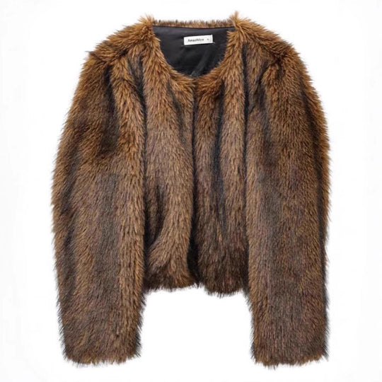 Damen Plush-Cropped-Jacke mit elegantem Fellbesatz R&B