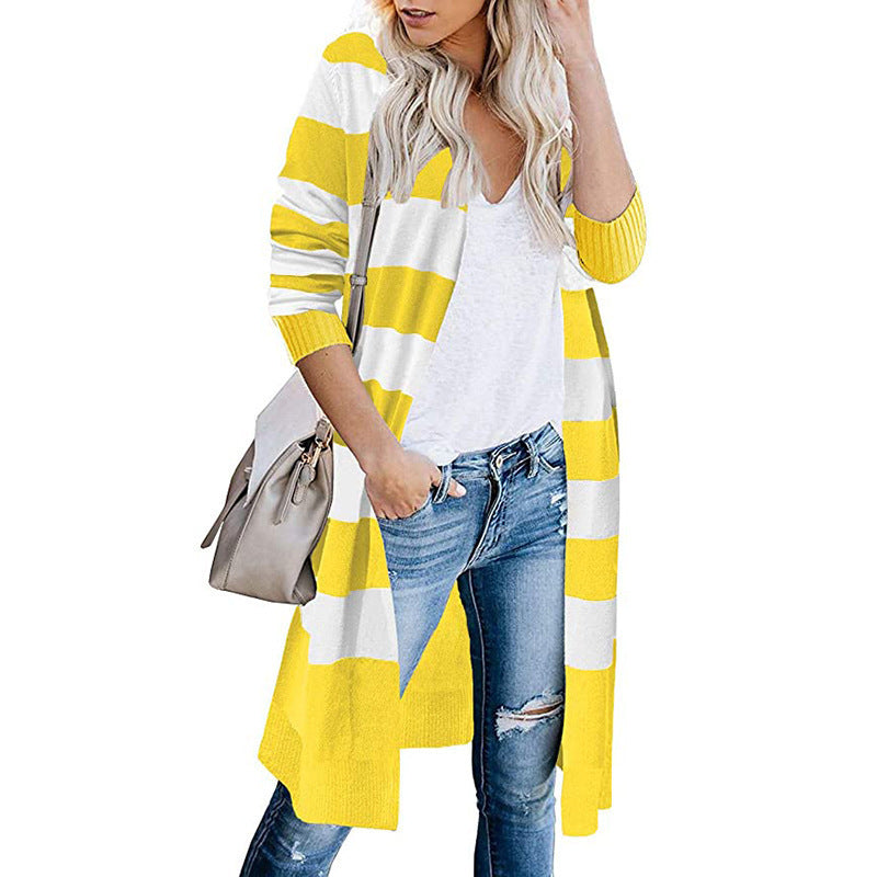 Damen Langer Strickcardigan mit gestreiftem Design R&B