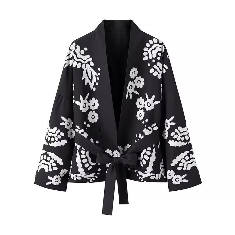 Damen Trendige Kimono-Jacke mit floralen Mustern und Taillengürtel R&B