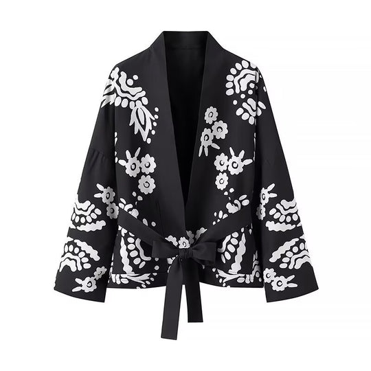 Damen Trendige Kimono-Jacke mit floralen Mustern und Taillengürtel R&B