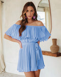 Damen Plissiertes Minikleid mit schulterfreien Puffärmeln und Taillengürtel R&B