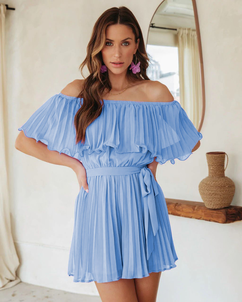 Damen Plissiertes Minikleid mit schulterfreien Puffärmeln und Taillengürtel R&B