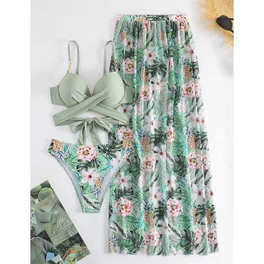 Damen Bikini-Set mit floralem Wickelrock und modischem Oberteil R&B