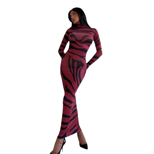 Damen Elegantes transparentes Maxikleid mit Leopardenmotiv und langem Arm R&B