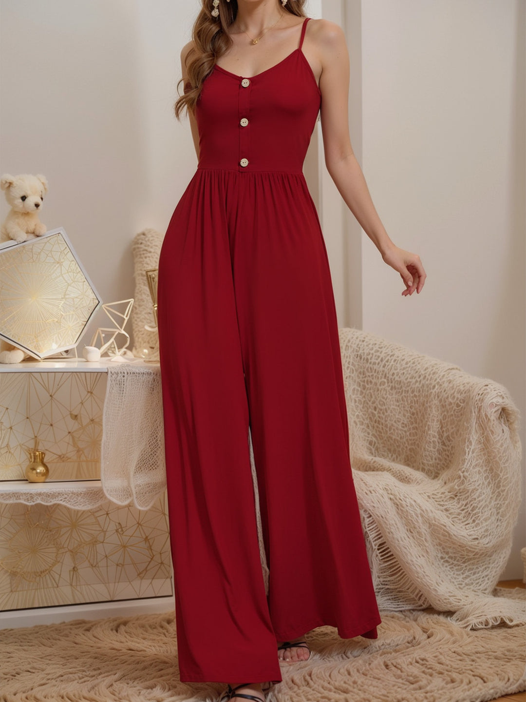 Damen Jumpsuit mit knöpfbarem Oberteil und weitem Bein R&B
