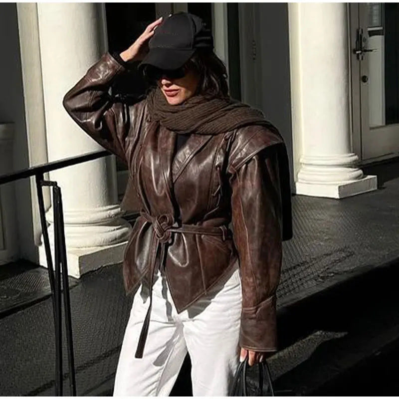 Damen modische Wildlederjacke mit tailliertem Schnitt und Bindegürtel R&B