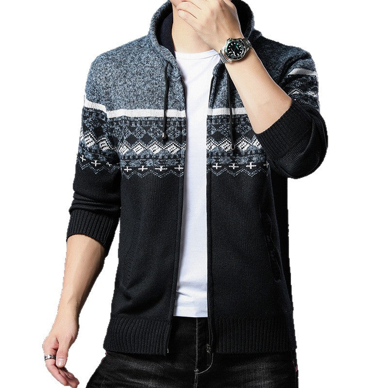 Herren gemusterte Strickjacke mit Kapuze und komfortablem Schnitt