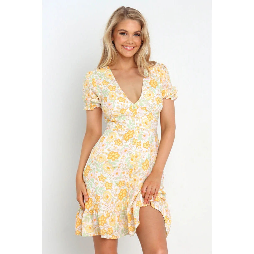 Damen Minikleid im romantischen Garden-Style mit voluminösen Ärmeln und verspieltem Saum R&B