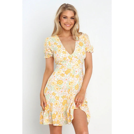 Damen Minikleid im romantischen Garden-Style mit voluminösen Ärmeln und verspieltem Saum R&B