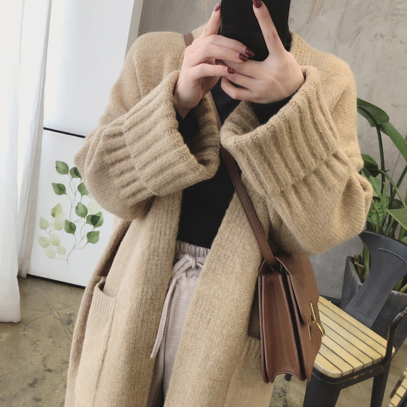 Damen Oversized Strickmantel mit praktischen Taschen und tiefem V-Ausschnitt R&B