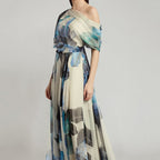 Damen elegantes Chiffon-Kleid mit schulterfreiem Design und floralem Muster EB