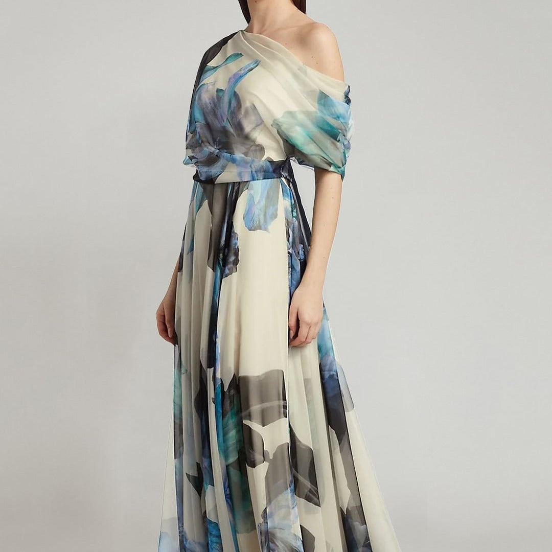 Damen elegantes Chiffon-Kleid mit schulterfreiem Design und floralem Muster EB