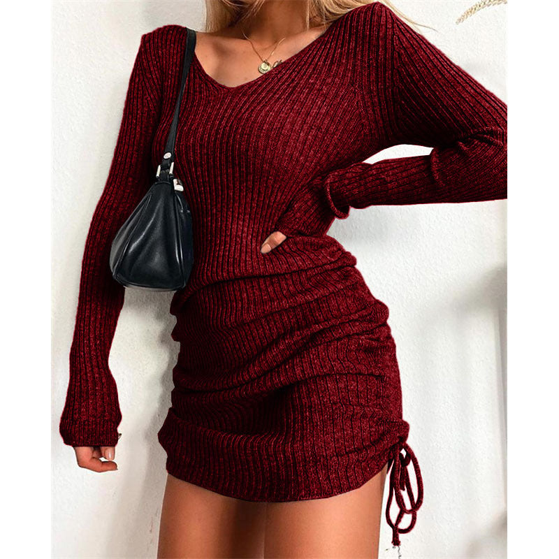Damen Rippstrickkleid mit tiefem V-Ausschnitt und verstellbarem Raffung R&B