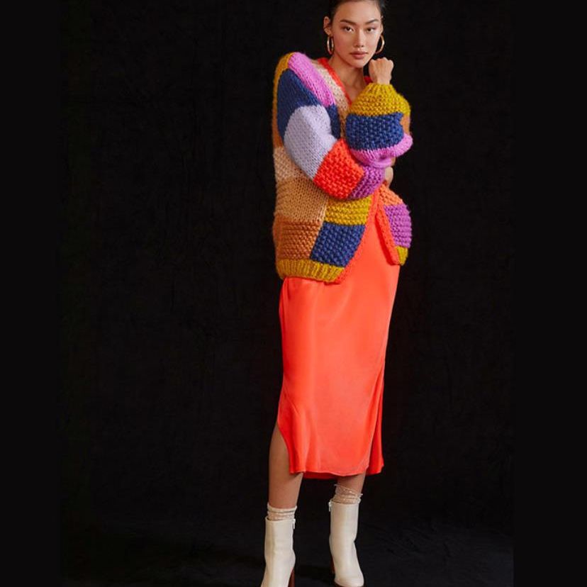 Damen Grobstrick-Cardigan mit buntem Patchwork-Design R&B
