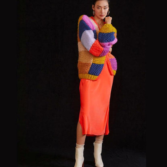 Damen Grobstrick-Cardigan mit buntem Patchwork-Design R&B