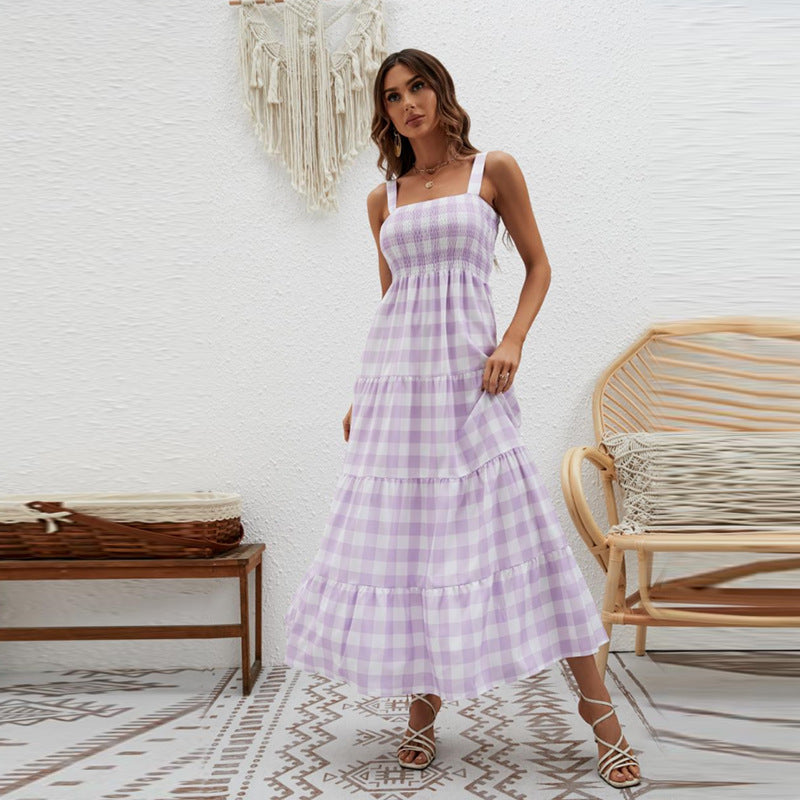 Damen Maxikleid mit Karo-Muster und elastischem Oberteil R&B