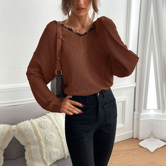 Damen lässiges Strickoberteil mit modischem V-Ausschnitt und detailreicher Textur R&B