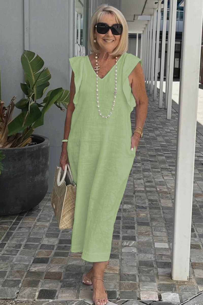 Damen Maxikleid mit V-Ausschnitt und angeschnittenem Ärmel R&B