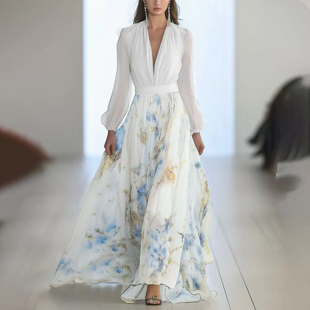 Damen nan fließendes Chiffon-Maxikleid mit tiefem V-Ausschnitt, tailliertem Bund und langem Glockenrock R&B