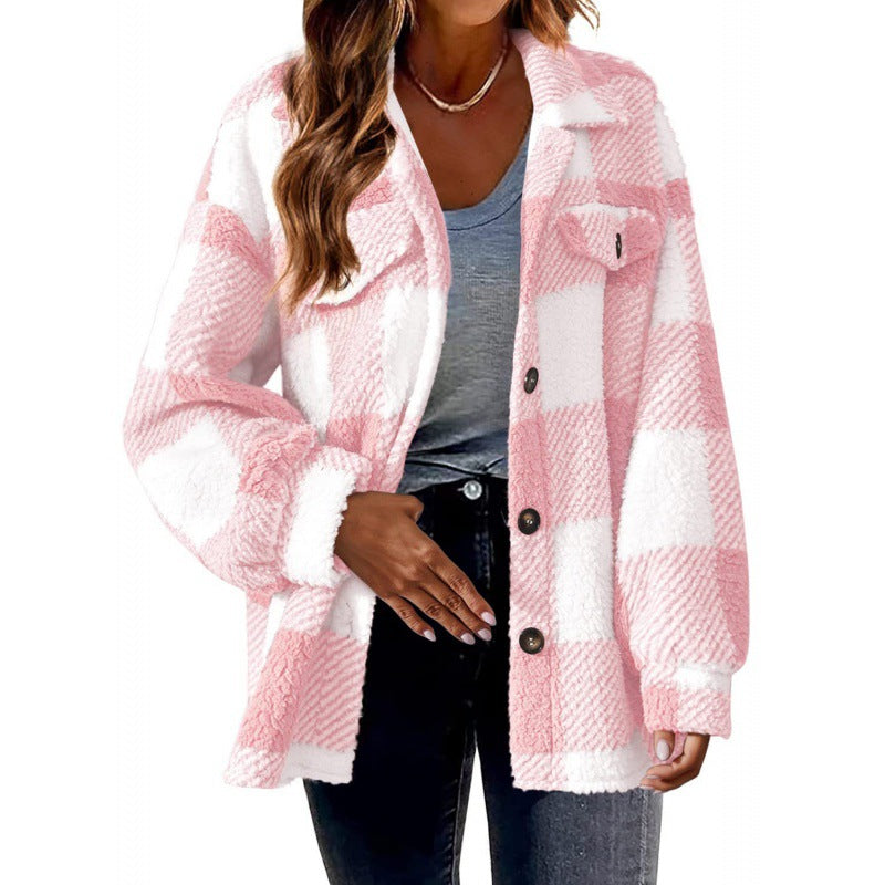 Damen Flauschige Karojacke mit Druckknopfverschluss und praktischen Taschen R&B