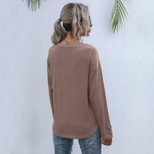 Damen lässiger Pullover mit V-Ausschnitt und Schnürung R&B