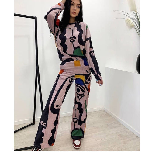 Damen Lässiges Shirt- und Hosen-Set mit buntem grafischen Muster R&B