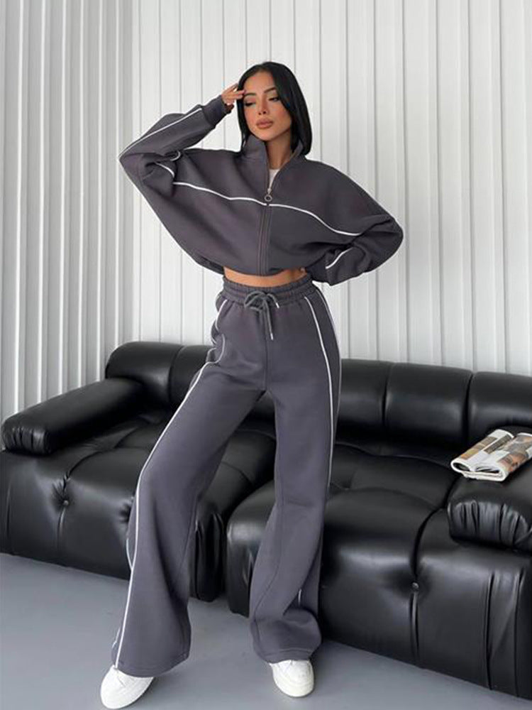 Damen lässiges Crop-Sweat-Set mit weitem Schnitt und hohem Kragen R&B