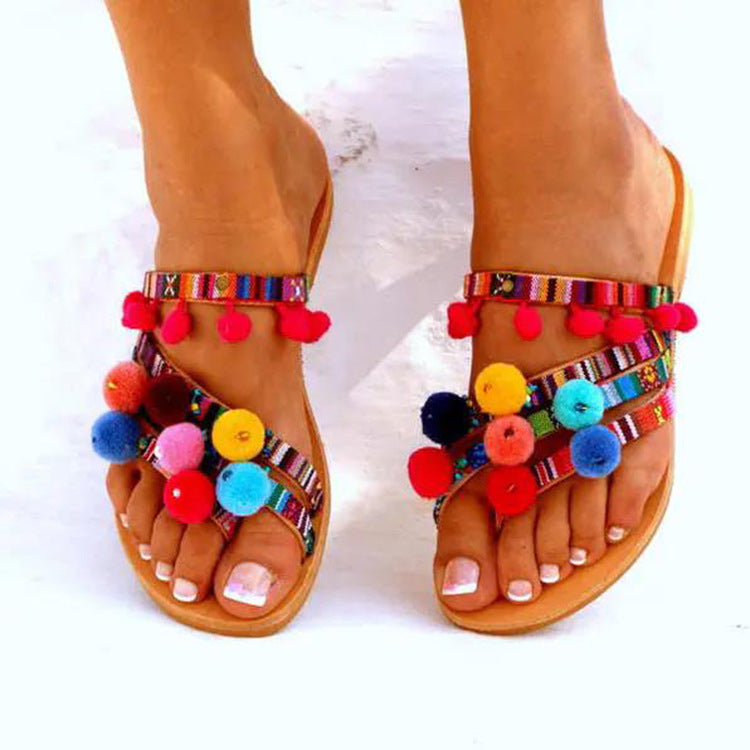 Damen Farbenfrohe Zehentrenner-Sandaletten mit Pompons und luftigen Riemen R&B