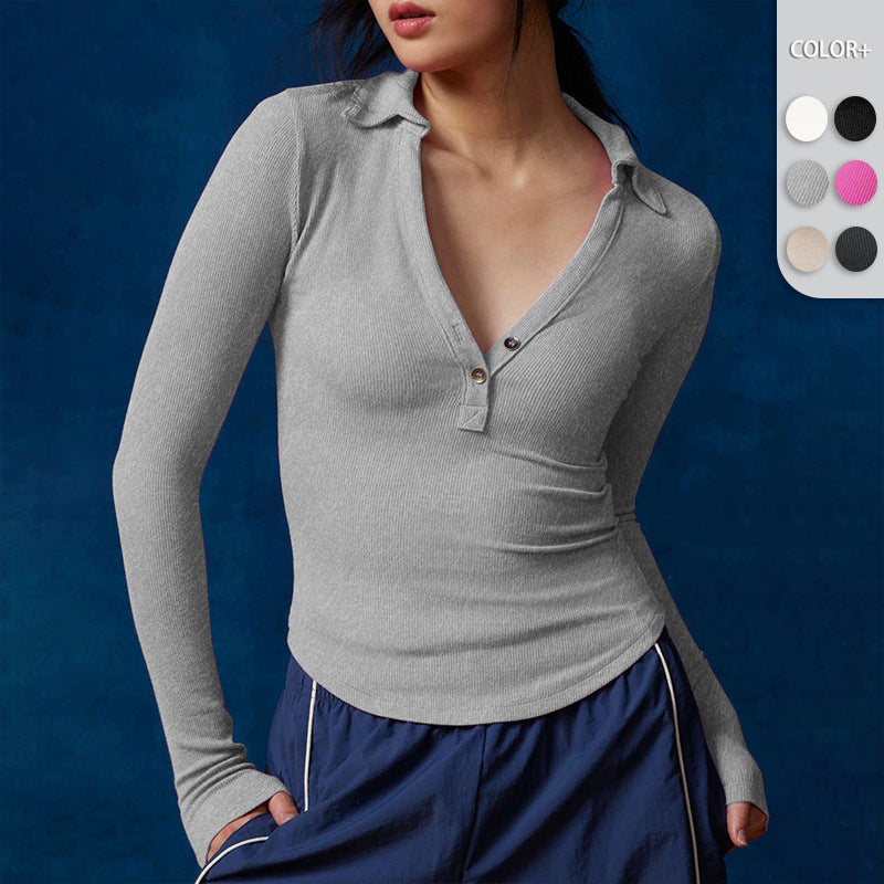 Damen Langarmshirt mit Knopfleiste und Polo-Kragen R&B