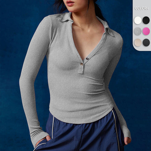 Damen Langarmshirt mit Knopfleiste und Polo-Kragen R&B