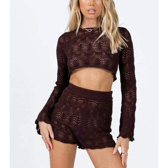 Damen elegantes Strick-Crop-Top und Shorts Set R&B