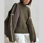 Damen nan Grobstrick-Oversize-Pullover mit hoher Rollkragenkante und Zierstich-Ärmeln R&B