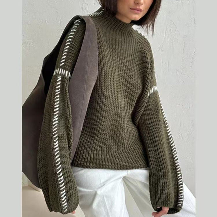 Damen nan Grobstrick-Oversize-Pullover mit hoher Rollkragenkante und Zierstich-Ärmeln R&B