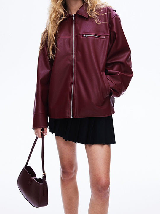 Damen modische Kunstlederjacke mit elastischem Saum und modernem Schnitt R&B