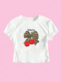Damen Crop-T-Shirt mit verspieltem Leoparden-Schleifenmotiv und fruchtigem Print R&B