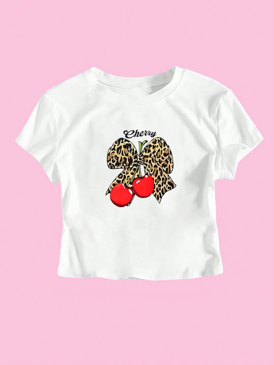 Damen Crop-T-Shirt mit verspieltem Leoparden-Schleifenmotiv und fruchtigem Print R&B