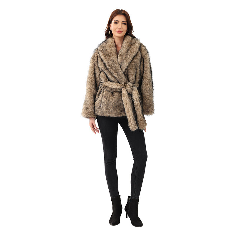 Damen Eleganter Kunstpelzmantel mit Gürtel und breitem Revers R&B