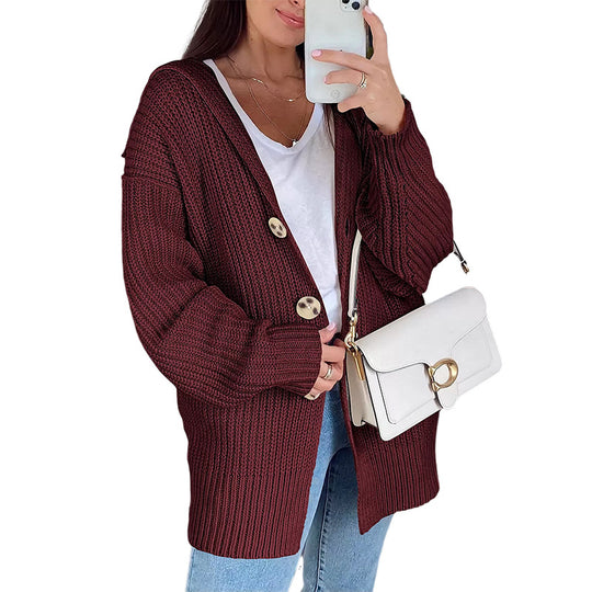 Damen Grobstrickjacke mit übergroßem Schnitt und eleganten Holzknöpfen R&B