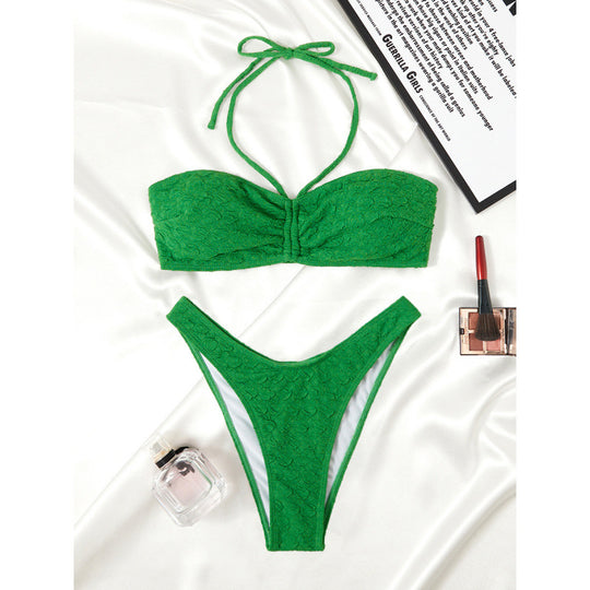 Damen Bandeau Bikini mit verstellbaren Trägern und exquisitem Texturmuster R&B