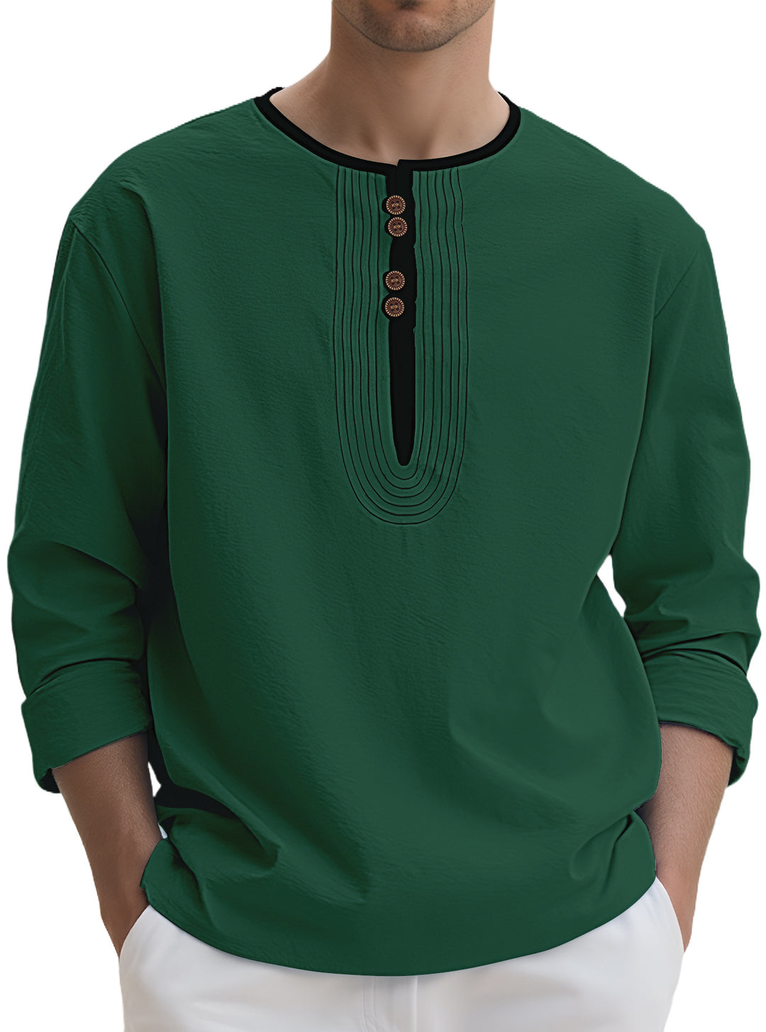 Herren nan weit geschnittenes Langarm-Kurta-Oberteil mit dekorativen Biesen und Holzknopfleiste R&B