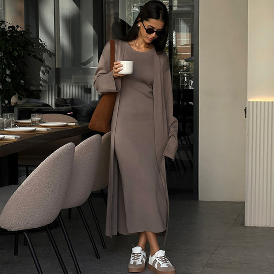 Damen elegantes Maxikleid mit passendem Oversized-Mantel Heidi-Mode