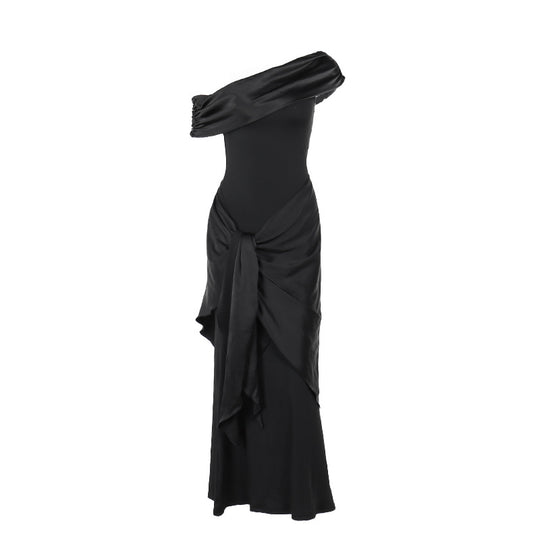 Damen bodenlanges Abendkleid mit asymmetrischem Schnitt und tiefem V-Ausschnitt R&B