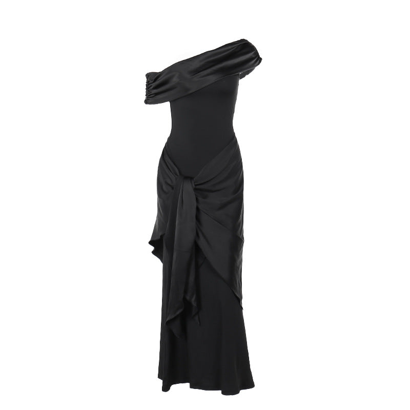 Damen bodenlanges Abendkleid mit asymmetrischem Schnitt und tiefem V-Ausschnitt R&B