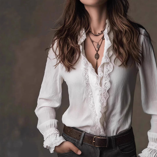 Damen elegante Bluse mit Rüschendetails und Spitzenbesatz R&B