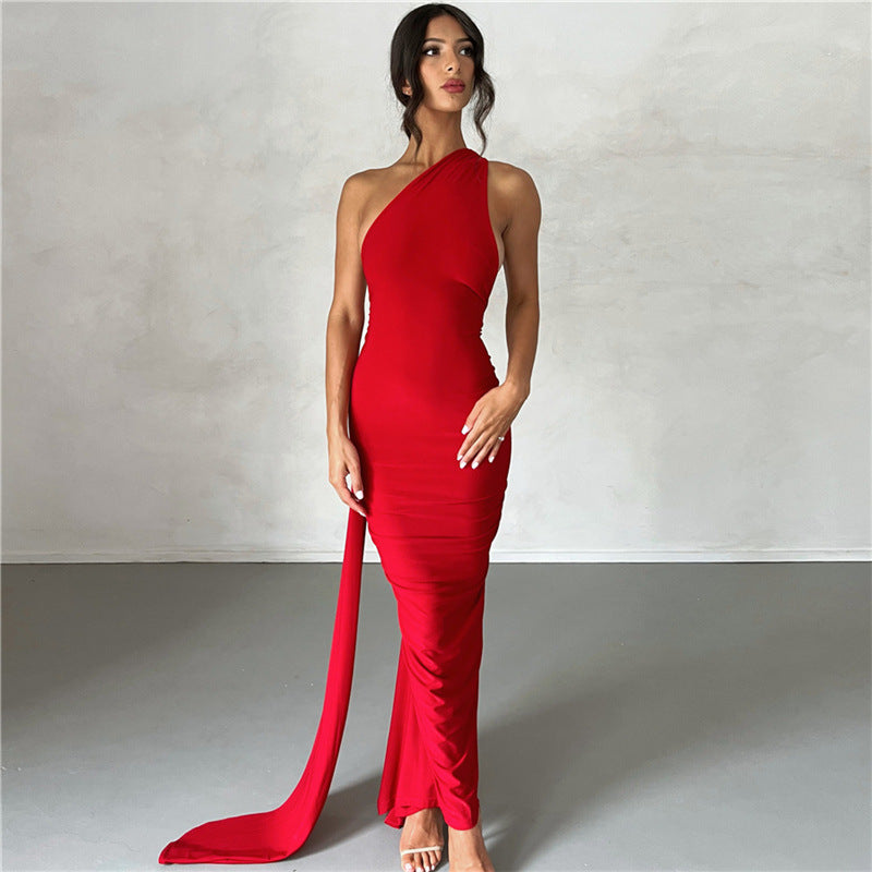 Damen Elegantes bodenlanges One-Shoulder Kleid R&B