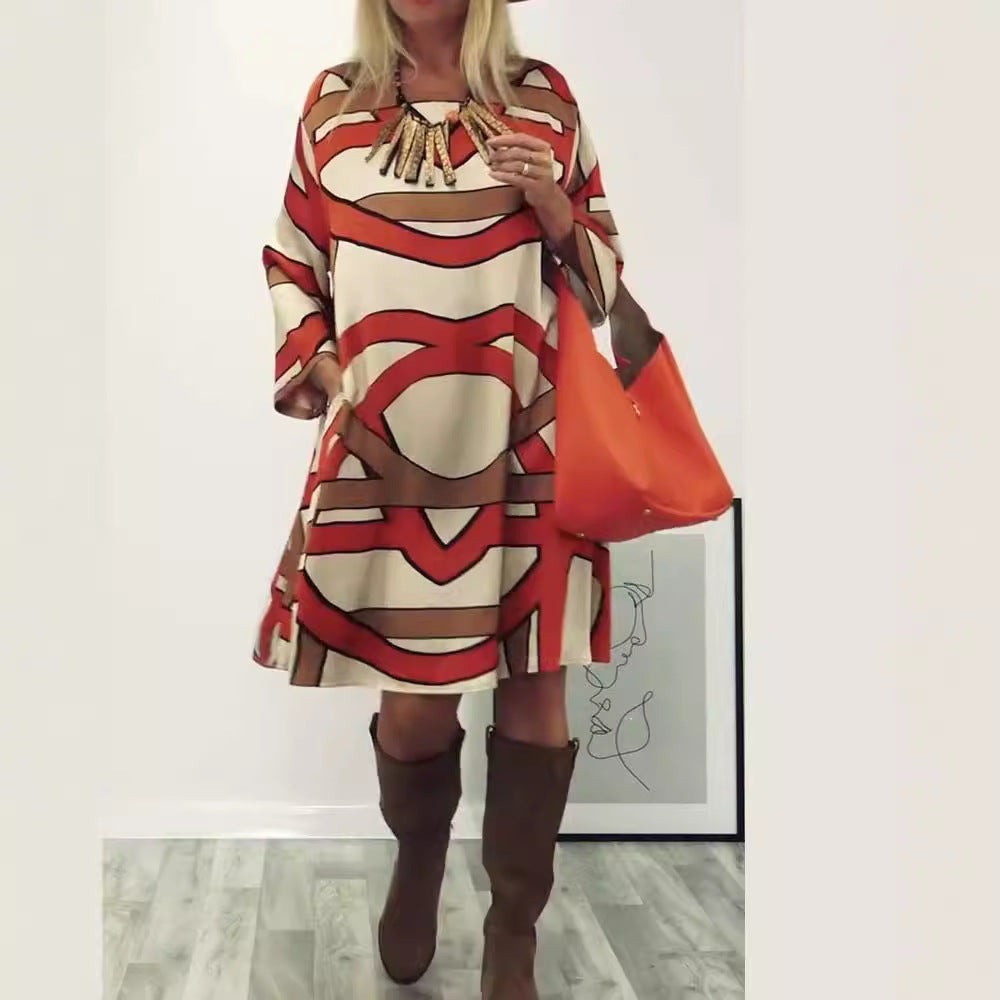 Damen nan großzügiges Swingkleid mit weitem Tulpen-Saum, Fledermausärmeln und grafischem Allovermuster R&B